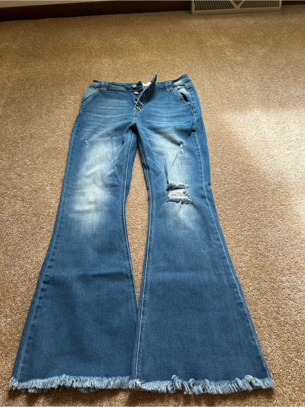 Kancan Frayed Hem Distressed Blue Flare Jeans